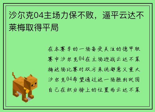 沙尔克04主场力保不败，逼平云达不莱梅取得平局