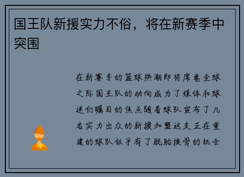 国王队新援实力不俗，将在新赛季中突围